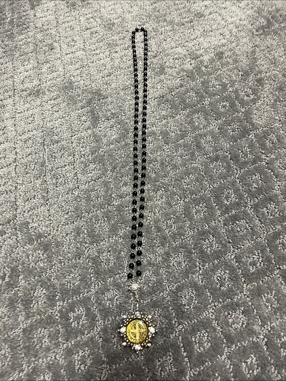 Virgins Saints & Angels Black Beaded Necklace with Gold Medallion